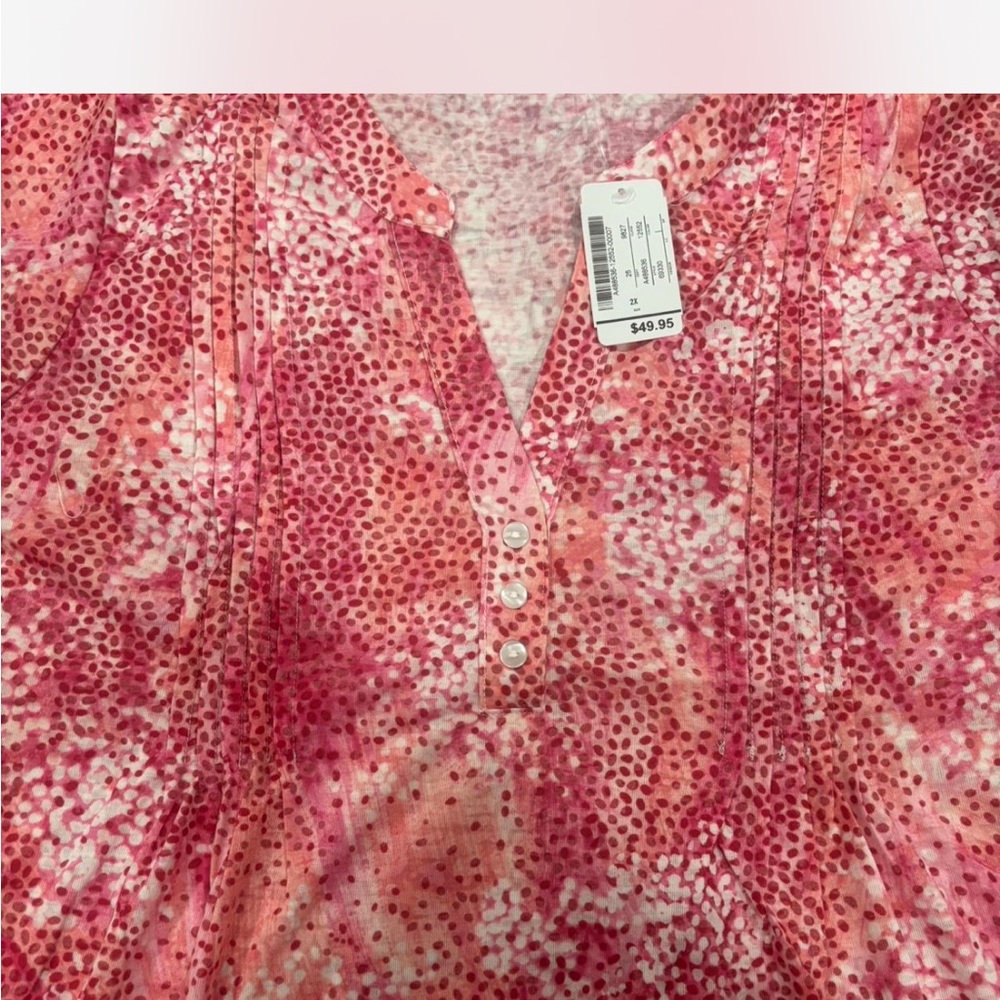 CJ Banks Womens 2X Pink White Dot Print Pintuck Split Neck 3/4 Sleeve Blouse NEW - Picture 5 of 8